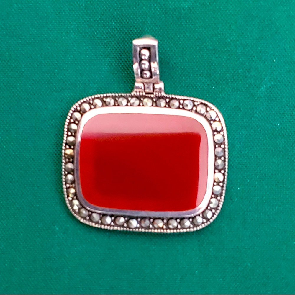 925 Sterling Silver Marcasite Carnelian Rectangle Square Necklace Pendant